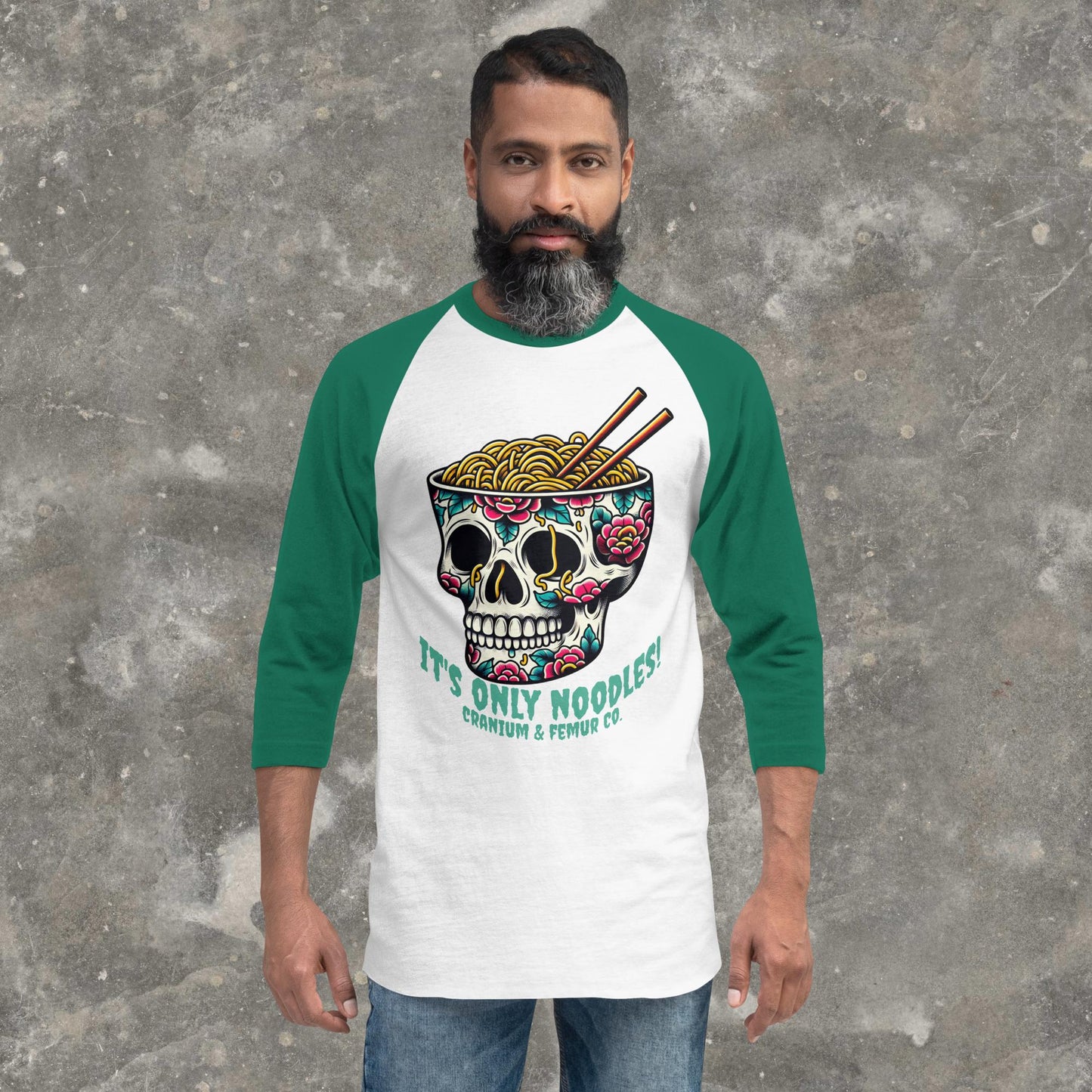 It's Only Noodles Cranium & Femur Co. 3/4 sleeve raglan shirt
